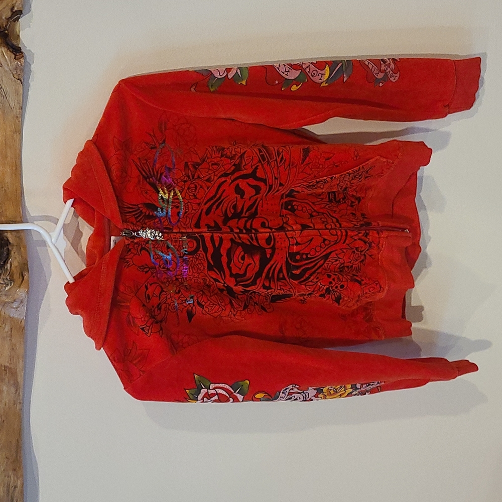 Ed Hardy Youth Kids Girls LG Velour Sweatshirt Full zip Nice Hoodie Rhinestones